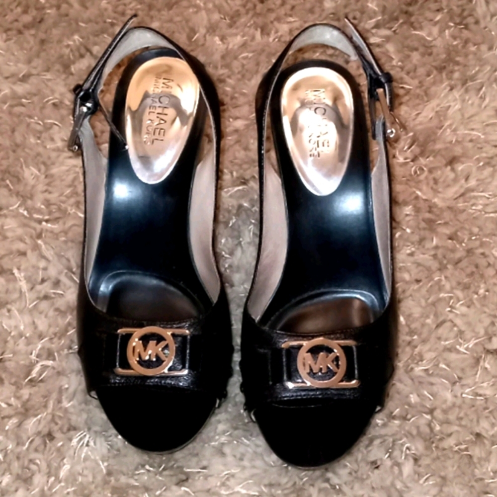 MICHAEL KORS Black Wedge Heels with Nail Head trim